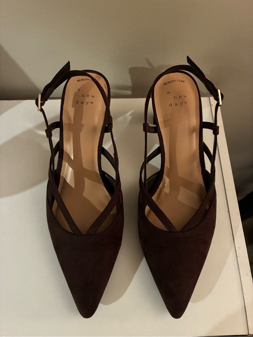 a.new day Women’s Dark Brown Suede Pointed-Toe Slingback Heels